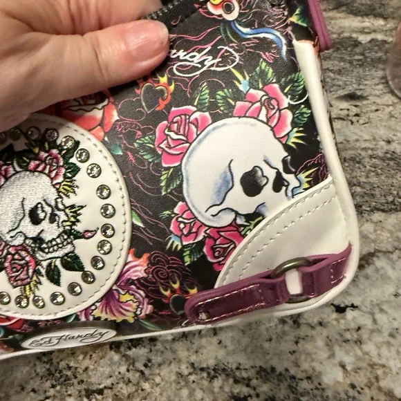 Ed Hardy Pink Floral Skull Accent Baguette Bag with crossbody - Picture 5 of 10